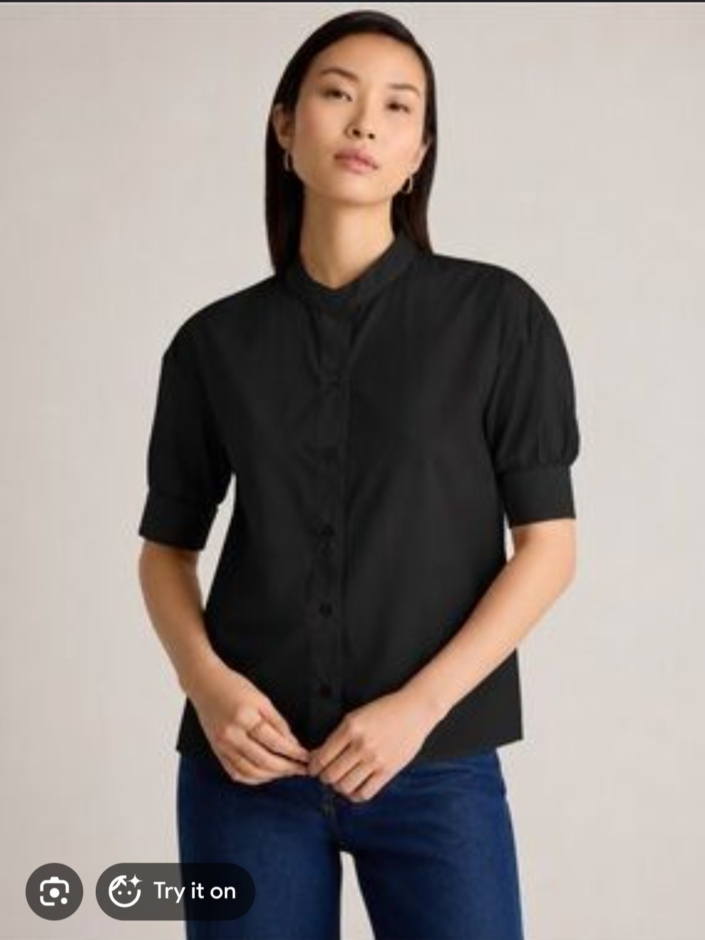 Quince Black Short-Sleeve Button-Front Top